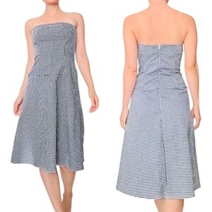 Vintage Black And White Gingham Plaid Strapless A-Line Cotton Dress Size 8